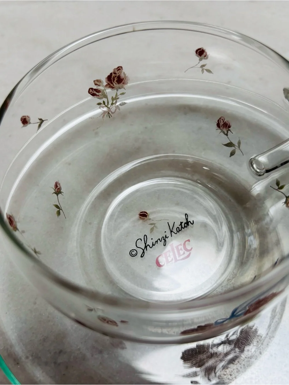 Made in Japan Clear Glass Teacup and Saucer Set with Red Rose Design